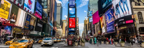 Times Square in New York City with bright digital billboards, Broadway signs, yellow taxis, and crowds.