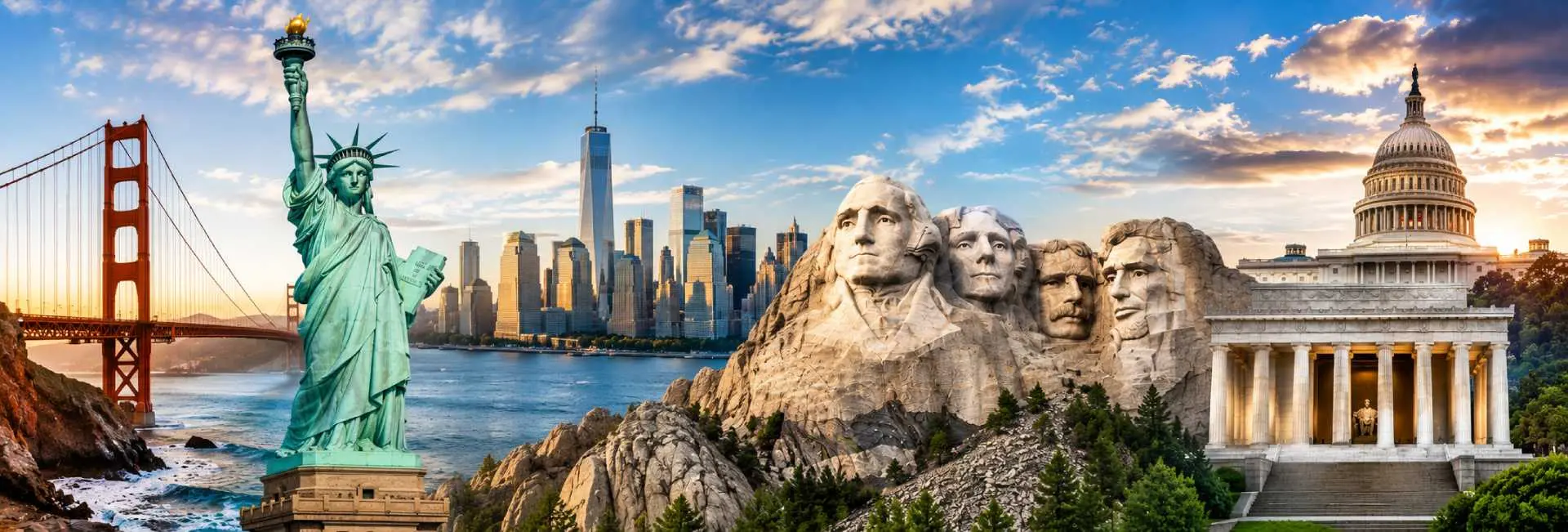 Famous USA landmarks including the Golden Gate Bridge, Statue of Liberty, New York City skyline, Mount Rushmore, and U.S