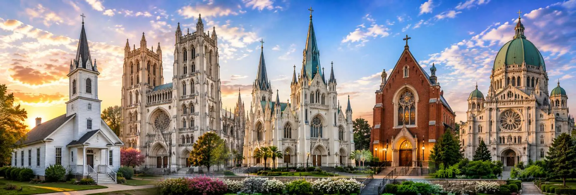 Historic churches and cathedrals across the USA featuring Gothic, traditional, brick, and domed architectural styles