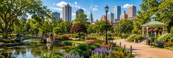 Parks and gardens in the USA with colorful flowerbeds, a peaceful pond, stone bridge, gazebo, and city skyline