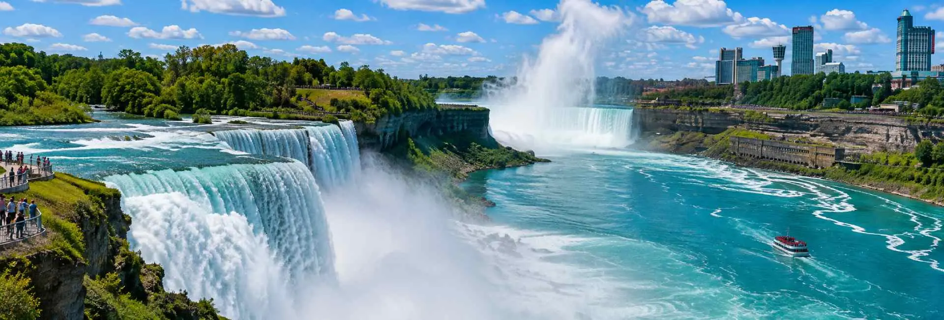Niagara Falls with powerful turquoise waterfalls, mist, a tour boat, lush greenery, and a scenic skyline