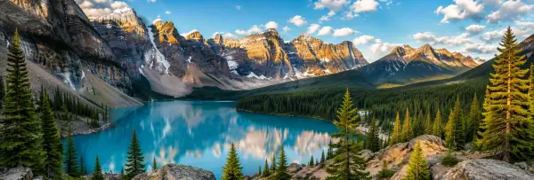 Majestic mountains in the USA surrounding a turquoise alpine lake and dense evergreen forest