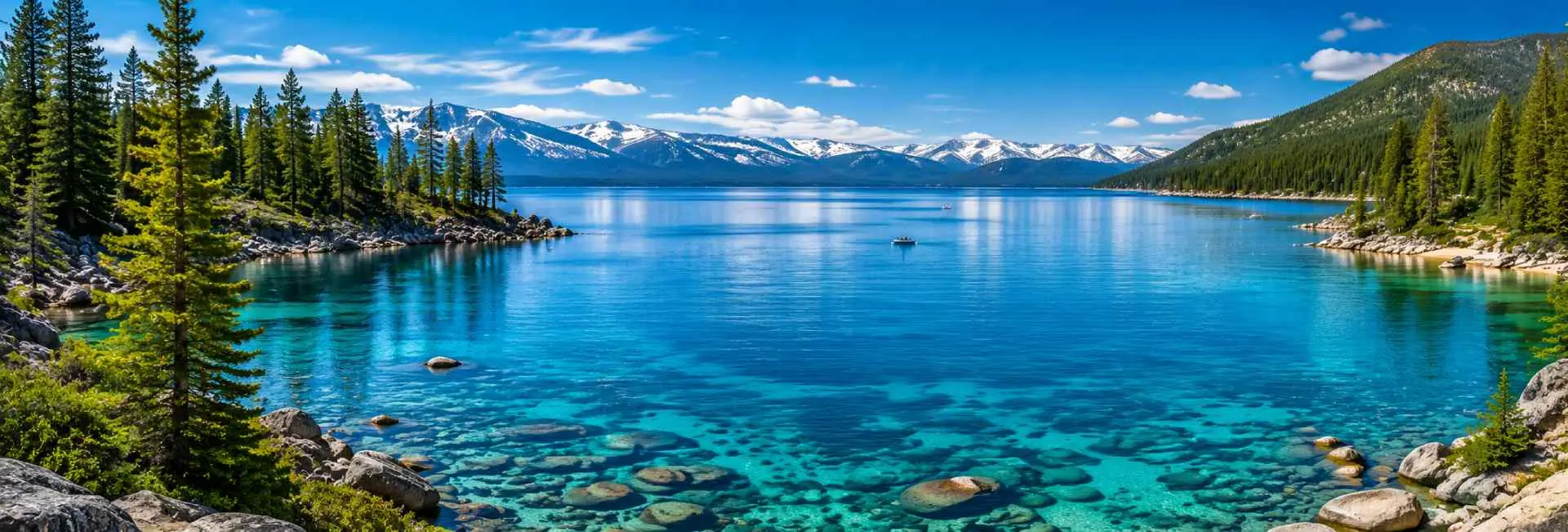 Scenic lakes in the USA with crystal-clear blue water, pine forests, rocky shores, and snow-capped mountains