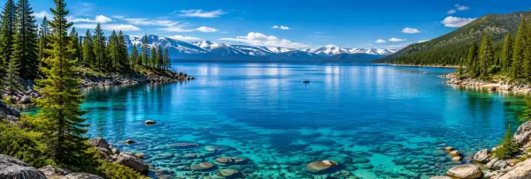 Scenic lakes in the USA with crystal-clear blue water, pine forests, rocky shores, and snow-capped mountains