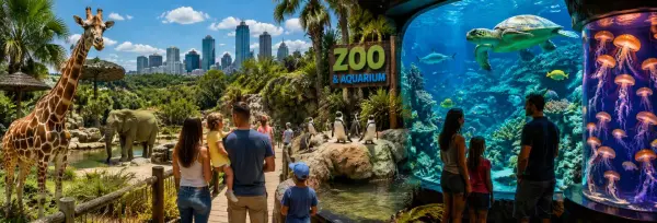 Zoos and aquariums in the USA featuring giraffes, elephants, flamingos, sharks, rays, and colorful marine life