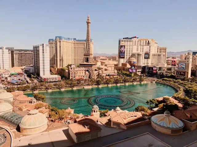 Bellagio fountains and Paris Las Vegas Eiffel Tower on the Las Vegas Strip