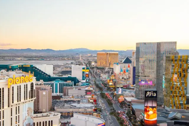 Las Vegas Strip skyline with hotels and resorts viewed from above