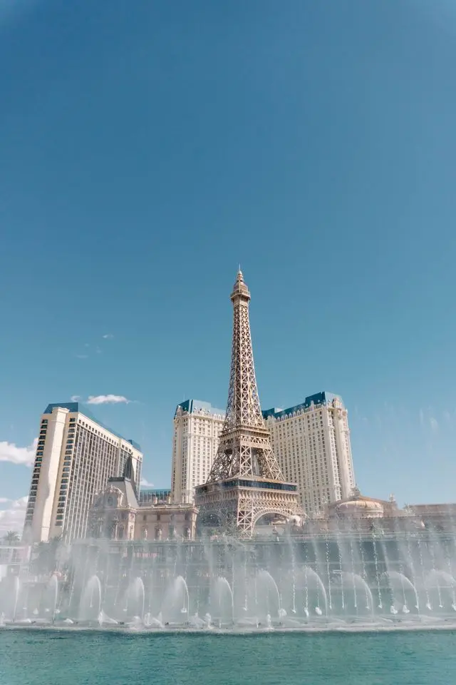 Paris Las Vegas Eiffel Tower and Bellagio fountains on the Las Vegas Strip