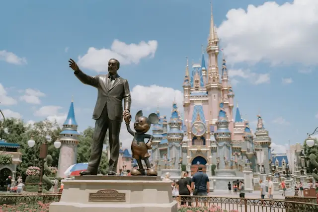 Walt Disney and Mickey Mouse statue in front of Cinderella Castle
