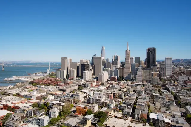 Aerial view of San Francisco skyline and waterfront with the Bay Bridge
